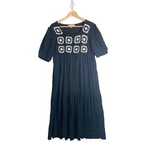 Cactus + Pearl Black Crochet Floral Bib Tiered Midi Dress Short Sleeve Medium